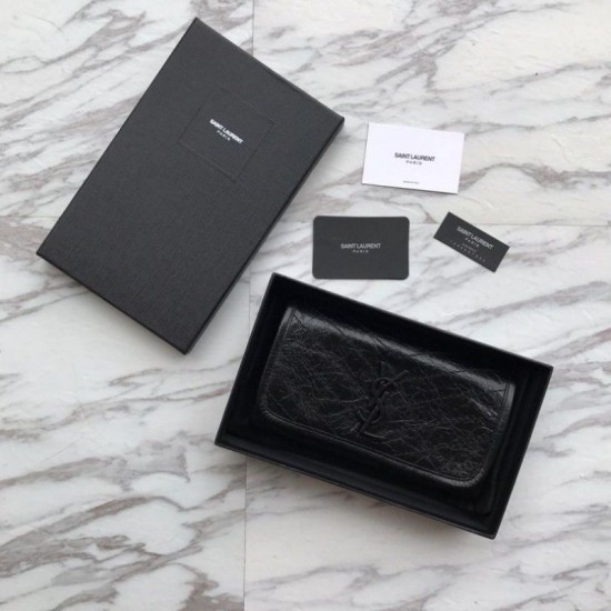 Replica Portafoglio grande YSL Saint Laurent Niki in pelle nera increspata vintage Replica Portafoglio grande YSL Saint Laurent Niki in pelle nera increspata vintage