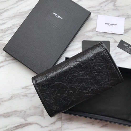 Replica Portafoglio grande YSL Saint Laurent Niki in pelle nera increspata vintage Replica Portafoglio grande YSL Saint Laurent Niki in pelle nera increspata vintage