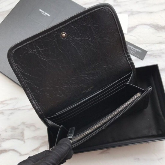 Replica Portafoglio grande YSL Saint Laurent Niki in pelle nera increspata vintage Replica Portafoglio grande YSL Saint Laurent Niki in pelle nera increspata vintage