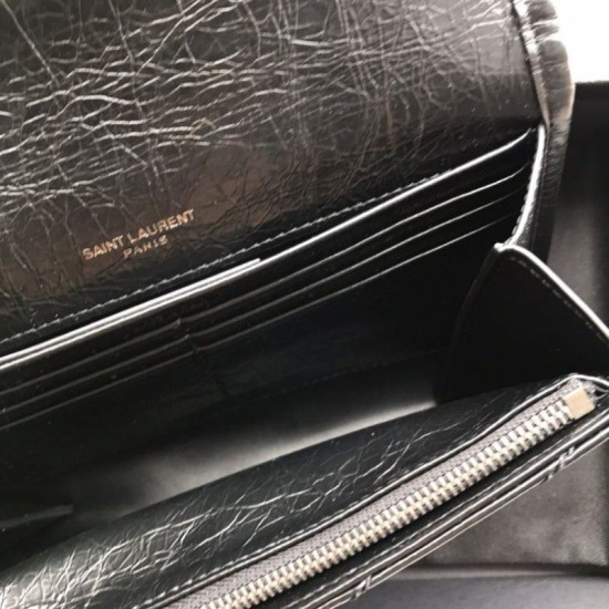 Replica Portafoglio grande YSL Saint Laurent Niki in pelle nera increspata vintage Replica Portafoglio grande YSL Saint Laurent Niki in pelle nera increspata vintage