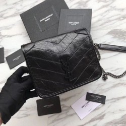 Portafoglio a catena YSL Saint Laurent Niki in pelle nera increspata vintage