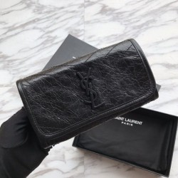 Portafoglio grande YSL Saint Laurent Niki in pelle nera increspata vintage