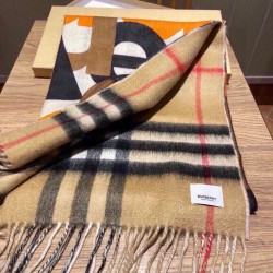 Scialle Burberry in lana e cashmere con motivo check double face e logo 30 x 180 arancione
