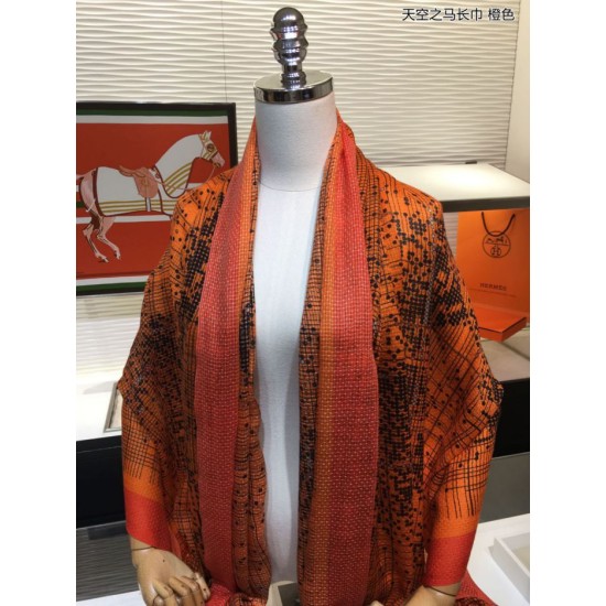 Replica Sciarpa lunga in cashmere con motivo tartan Hermes Sky Horse 110 x 200 arancione