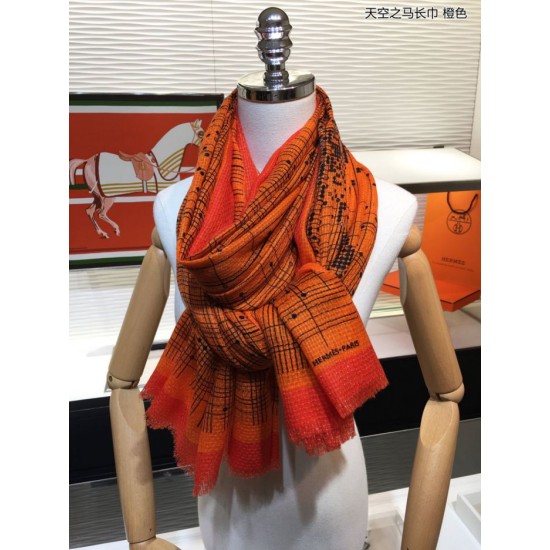 Replica Sciarpa lunga in cashmere con motivo tartan Hermes Sky Horse 110 x 200 arancione