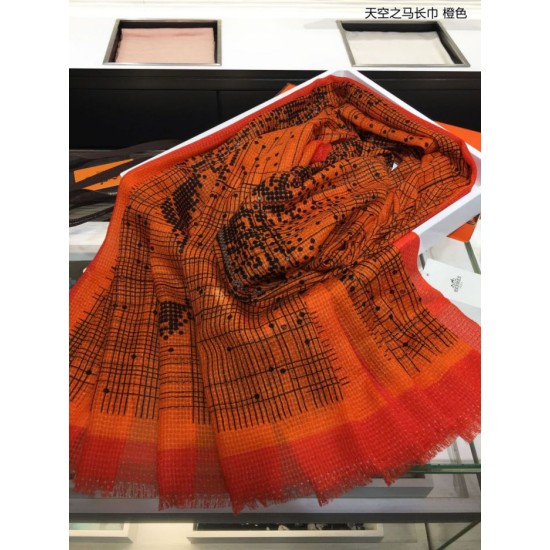 Replica Sciarpa lunga in cashmere con motivo tartan Hermes Sky Horse 110 x 200 arancione