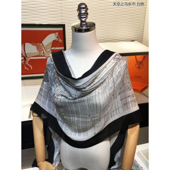 Replica Sciarpa lunga in cashmere con motivo tartan Hermes Sky Horse 110 x 200 bianca