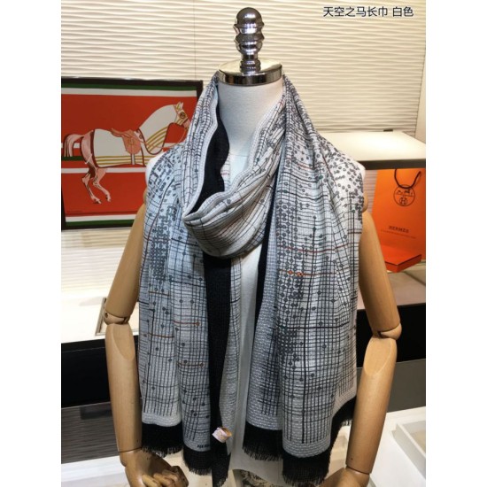 Replica Sciarpa lunga in cashmere con motivo tartan Hermes Sky Horse 110 x 200 bianca