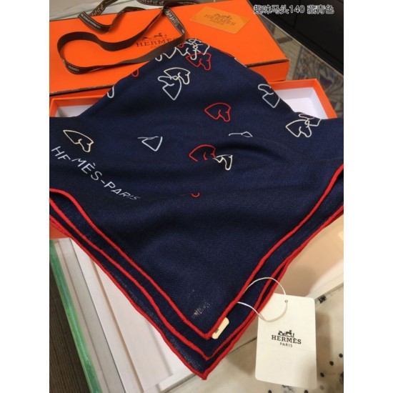 Replica Scialle Hermes Fun Horsehead cashmere seta 140 Blu navy