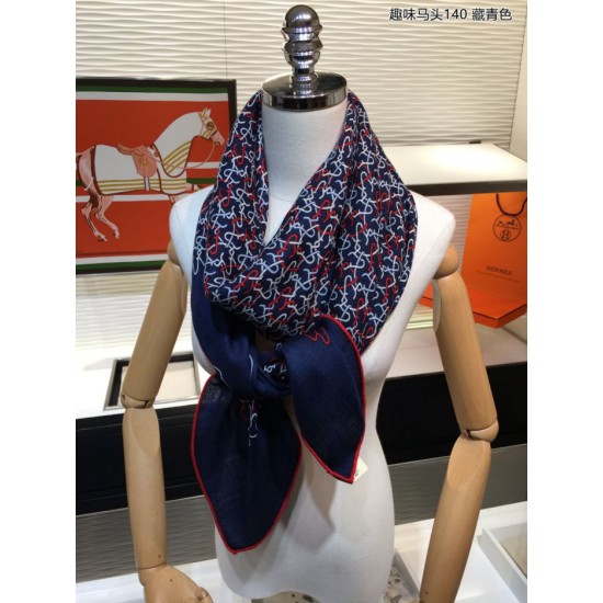 Replica Scialle Hermes Fun Horsehead cashmere seta 140 Blu navy