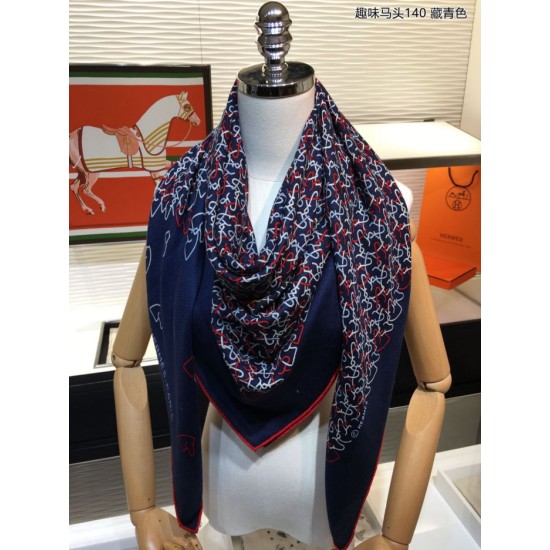 Replica Scialle Hermes Fun Horsehead cashmere seta 140 Blu navy