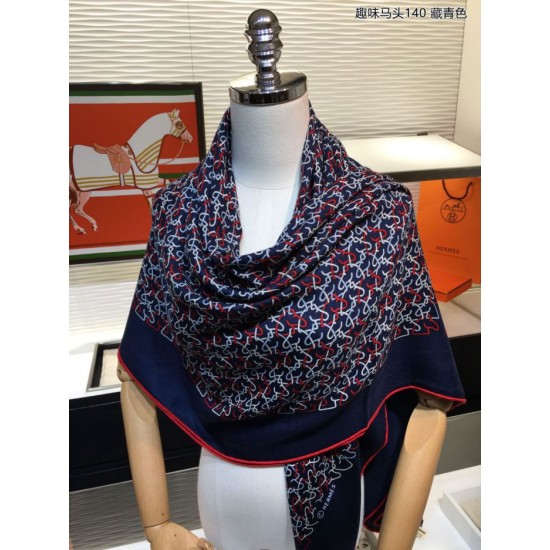 Replica Scialle Hermes Fun Horsehead cashmere seta 140 Blu navy