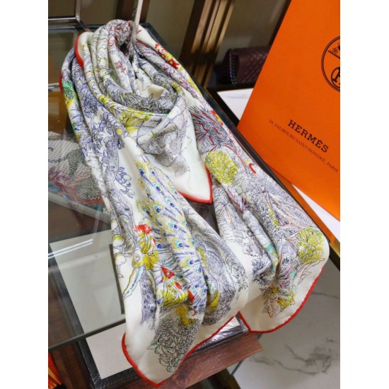 Replica Hermes fiore ala broccato cashmere seta Scialle 140 Bianco