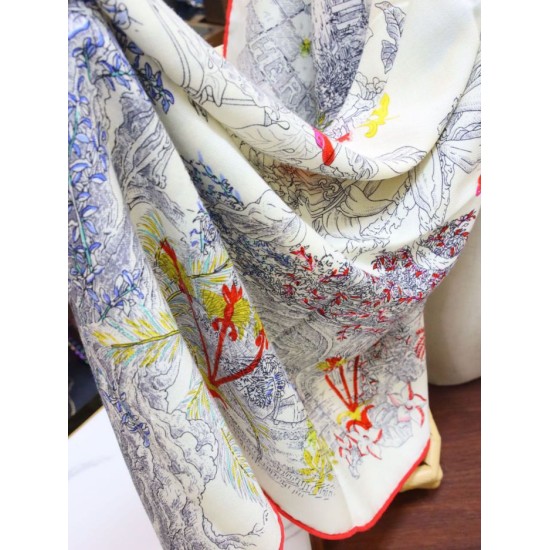 Replica Hermes fiore ala broccato cashmere seta Scialle 140 Bianco