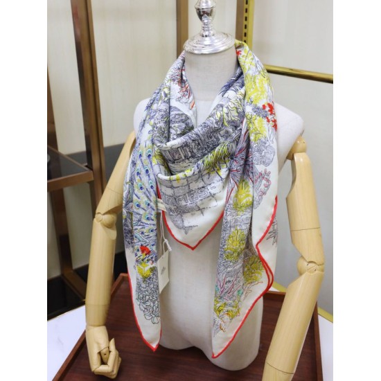 Replica Hermes fiore ala broccato cashmere seta Scialle 140 Bianco