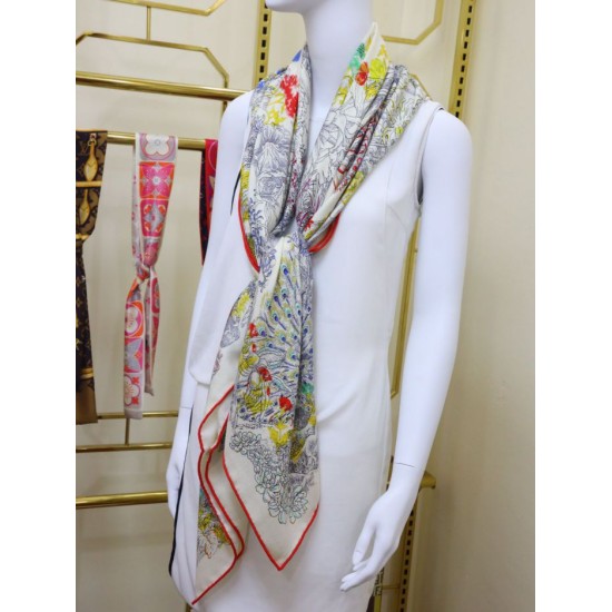 Replica Hermes fiore ala broccato cashmere seta Scialle 140 Bianco