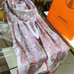 Scialle di seta cashmere broccato broccato di Hermes 140 Rose