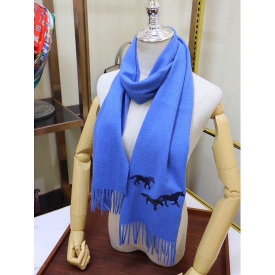 Replica Sciarpa in cashmere Hermes Wide Horses 32 x 180 blu