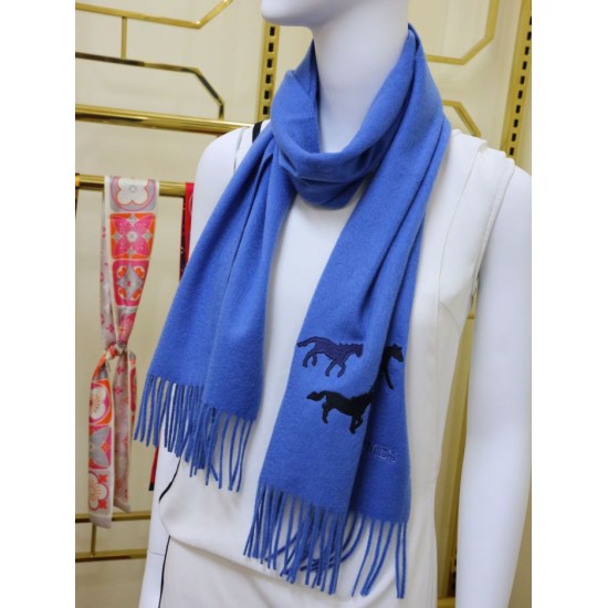Replica Sciarpa in cashmere Hermes Wide Horses 32 x 180 blu