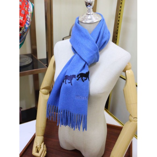 Replica Sciarpa in cashmere Hermes Wide Horses 32 x 180 blu