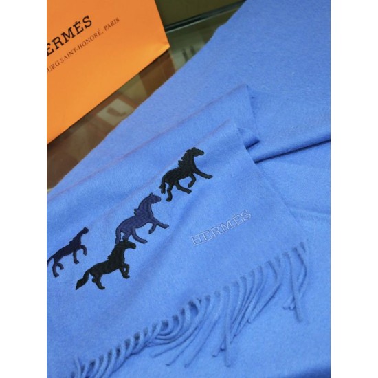 Replica Sciarpa in cashmere Hermes Wide Horses 32 x 180 blu