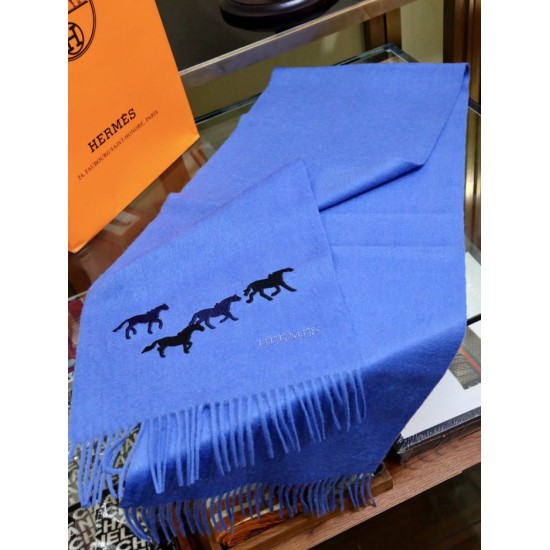 Replica Sciarpa in cashmere Hermes Wide Horses 32 x 180 blu