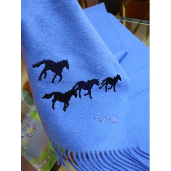 Replica Sciarpa in cashmere Hermes Wide Horses 32 x 180 blu