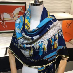 Hermes cammina a parigi Cashmere seta quadrato Scialle 140 Blu