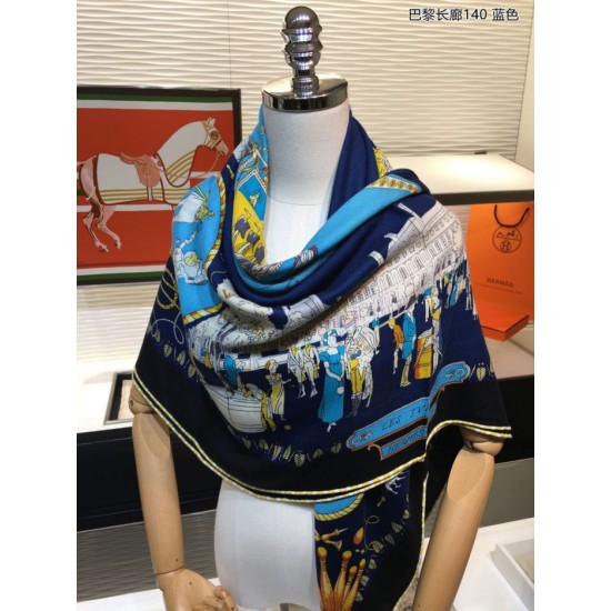 Replica Hermes cammina a parigi Cashmere seta quadrato Scialle 140 Blu