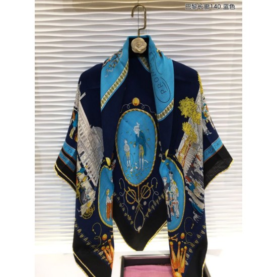 Replica Hermes cammina a parigi Cashmere seta quadrato Scialle 140 Blu