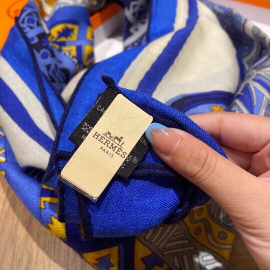 Replica Scialle quadrato Hermes Cashmere Seta 140 Blu