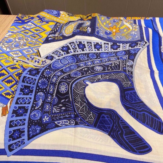 Replica Scialle quadrato Hermes Cashmere Seta 140 Blu