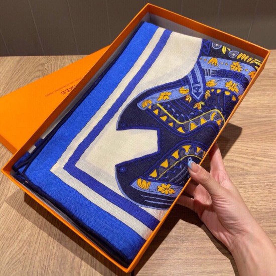 Replica Scialle quadrato Hermes Cashmere Seta 140 Blu