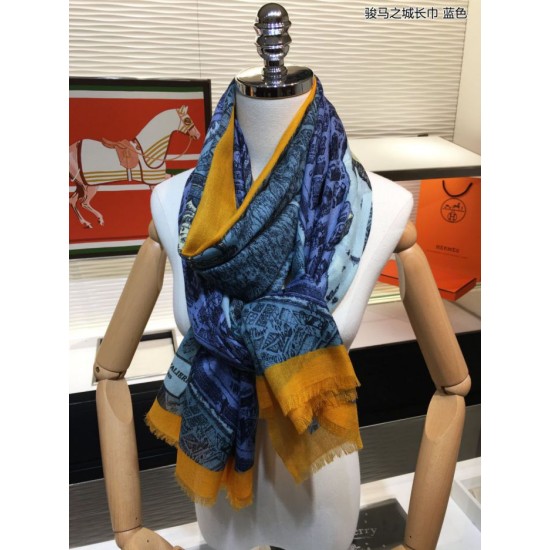 Replica Sciarpa Hermes City of Horses in cashmere 110 x 200 blu