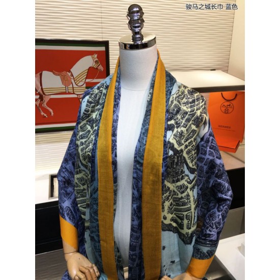 Replica Sciarpa Hermes City of Horses in cashmere 110 x 200 blu
