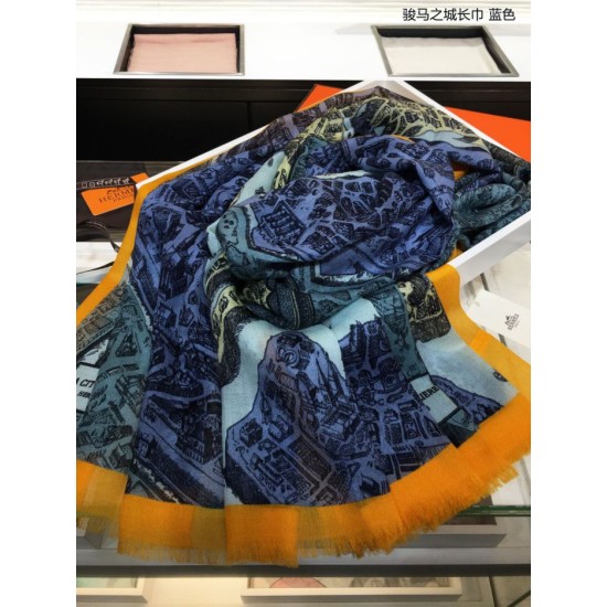 Replica Sciarpa Hermes City of Horses in cashmere 110 x 200 blu
