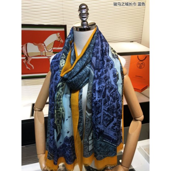 Replica Sciarpa Hermes City of Horses in cashmere 110 x 200 blu