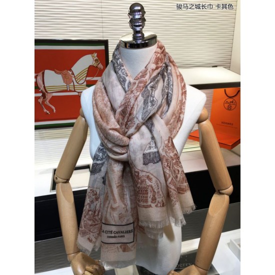 Replica Sciarpa in cashmere Hermes City of Horses 110 x 200 cachi