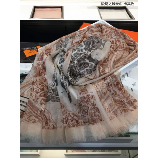 Replica Sciarpa in cashmere Hermes City of Horses 110 x 200 cachi