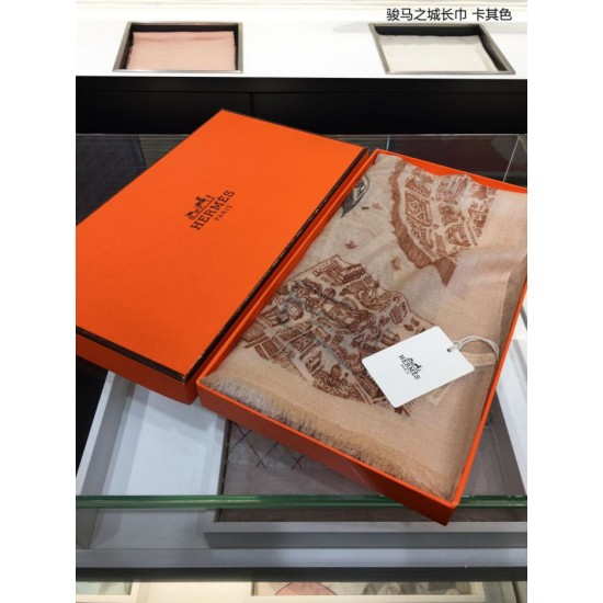 Replica Sciarpa in cashmere Hermes City of Horses 110 x 200 cachi