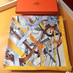 Hermes Leap over Cavalcado Silk Square Foulard 90cm Giallo