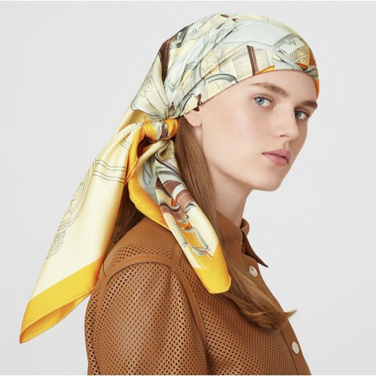 Replica Hermes Leap over Cavalcado Silk Square Foulard 90cm Giallo